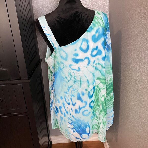 Dennis Basso Blouse Size 18W One Shoulder Asymmetrical Top Blue Green Flowy Chic - Picture 8 of 11
